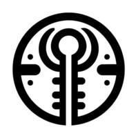 Intricate black and white circular emblem featuring a stylized keylike central with symmetrical appendages and scattered dots. vector