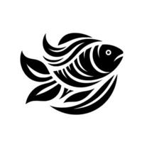 Stylized Black and White Fish Silhouette with Flowing Fins and Intricate Elements on Isolated White Background. vector