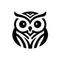 A bold, minimalist black and white owl , featuring geometric shapes and a focused, observant gaze on a light background. vector