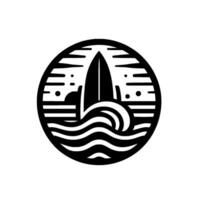 Minimalist Circular Black and White A Surfboard Over Waves, Emphasizing Coastal, Summer, and Surfing Themes, Creating a Sense of Simplicity and Adventure. vector
