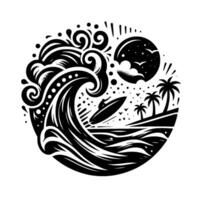 Artistic, circular black and white illustration of a surfer riding a large wave, with stylized palm trees, moon, and stars. vector