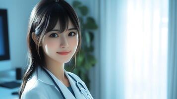 Smiling doctor in a crisp white coat radiating expertise and care Ready to assist with medical needs offering health and a hopeful future photo