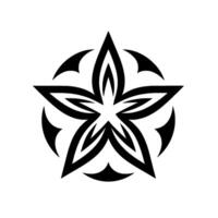 A symmetrical, black and white, fivepointed star with an encircled decorative flourish and stylized, layered petals. vector