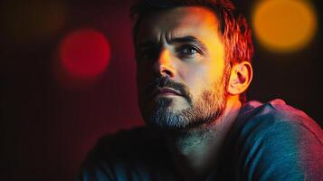 Portrait of a man with a thoughtful expression illuminated by vibrant red and orange lighting creating a dramatic and contemplative mood photo