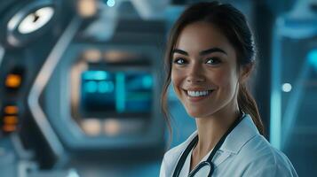 Smiling doctor in a sterile futuristic setting looking forward with confidence and competence ready to assist patients in advanced care photo