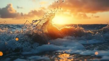 Ocean waves crash against the shore during a sunset with a mix of sea foam and golden rays A refreshing and dramatic scene of nature photo