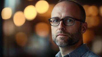 Portrait of a thoughtful man with glasses and a beard set against a softly blurred background creating a sense of depth and focus photo