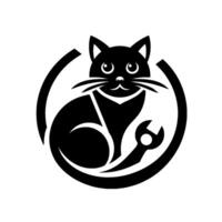 A stylized black cat mechanic , seated within a circle, holding a wrench, on a white background, minimal . vector