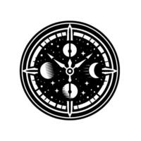 A Celestial Black and White Circular Showcasing Phases of the Moon, Planets, Stars, and Compass Points, Suggesting a Timekeeping or Astrological Symbol. vector