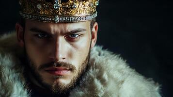 Portrait of a regal man with a commanding gaze adorned with a jeweled crown and a luxurious fur collar embodying power and nobility photo