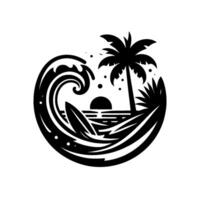 Black and white circular beach scene featuring a surfboard in a breaking wave, palm tree, sunset, and abstract elements. vector