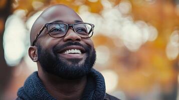 Smiling man with glasses looking up at a brightly lit background Warm hopeful expression on his face dressed for cooler weather photo