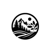 Black and white circular nature featuring mountains, pine trees, a stylized sun, and foliage, set on a white background. vector