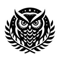 Stylized black and white illustration of an owl within a circular emblem, adorned with stars and laurel wreath elements, suitable for logos. vector