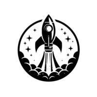 Black and White Retro Rocket Ship Launching from Earth amidst Stars, within a Circular Frame vector