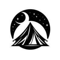 A black and white minimalist camping featuring a tent silhouette under a starry night sky and a crescent moon within a circular frame. vector