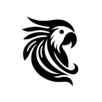 Bold Black and White Parrot Head Silhouette with Flowing Feathers and Detailed Crest on a Clean White Background. vector