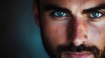 Intense gaze of a man with captivating blue eyes set against a muted background conveying depth and character photo