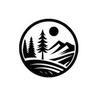 Stylized black and white landscape emblem pine trees, mountain range, sun, and rolling hills within a circular frame. vector