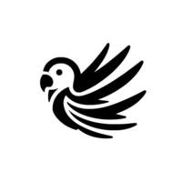 Bold black and white minimalist of a stylized parrot in midflight, showcasing clean lines on a plain white background. vector