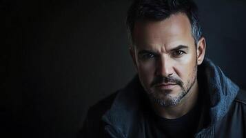 Dramatic portrait of a man with graying hair and a stern expression set against a dark background intense and mysterious mood photo