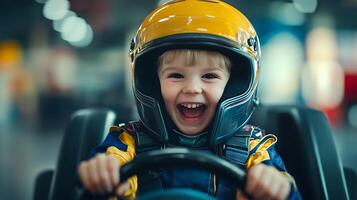 Excited young child in a yellow racing helmet and suit is enjoying a ride in a go-kart smiling brightly with the steering wheel in hand photo