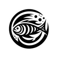 Abstract Black and White Fish Silhouette in a Circular Frame with Ornamental and Minimalist Aesthetic. vector