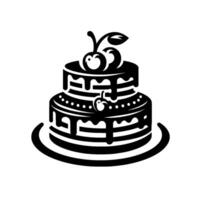 Twotiered, drippingchocolate cake with cherries and leaf topping, stylized in black and white, on a plate. vector