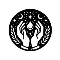 Celestial Embrace A black and white circular emblem with hands cupping a water droplet suspended amidst stars, crescent moons, and olive branches, evoking a sense of cosmic balance and protection. vector