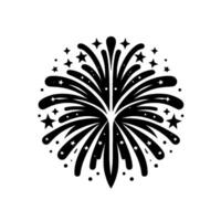 Monochromatic, stylized black firework burst radiating from a central point, surrounded by stars on a white background, minimalist . vector