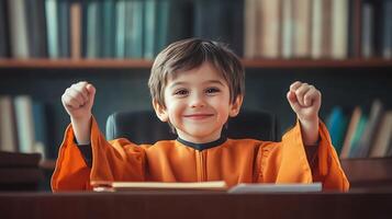 Enthusiastic young boy dressed in gown seated at a desk in front of a bookcase confidently raising his fists radiating positivity photo