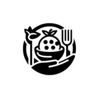 Black and white minimalist food featuring a bowl of spherical fruit with dots, spoon, fork, and hand, all within a circular frame. vector