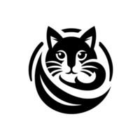 Minimalist Black and White Cat Head within a Circular Frame, Artistic and Playful with a Decorative Tail. vector