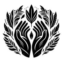 Black White Artistic Rendering of Open Hands Enclosing a Central Bud, Surrounded by Leafy Branches, Symbolizing Growth and Protection. vector