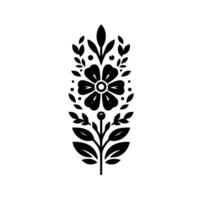 Black and white symmetrical floral illustration, featuring a large flower head, leaves, and decorative elements on a white background, minimalist style. vector