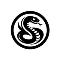 Black and white stylized cobra emblem within a circular border, minimalist, sleek , powerful presence. vector