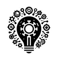 Black White Illustration of an Idea Concept Lightbulb Center with Integrated Cogs, Circuits, and Circles, symbolizing innovation technology. vector