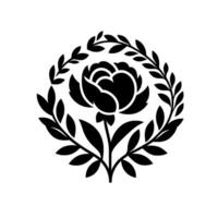 Black and White Floral Crest a Stylized Peony Blossom Encircled by a Laurel Wreath, Centered on a White Background, Emblematic . vector