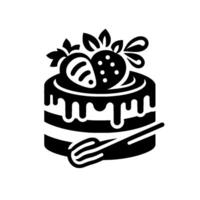A stylized black and white of a layered cake topped with strawberries, leaves, and a spoon or whisk. vector