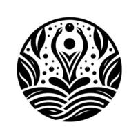 Abstract black and white circular featuring stylized nature elements rising plant with arms towards a circle, waves, bubbles, and leaves. vector