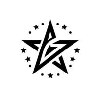 Black and white geometric star with an inner , surrounded by smaller stars and dots, set against a clean white background. vector