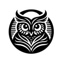 Stylized Black and White Owl Inside a Circle, Featuring Intricate Feather Detailing and Large Eyes. vector