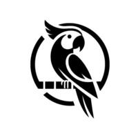 Minimalist Black and White Parrot , Perched on a Branch, Enclosed by a Partial Circle, Clean . vector