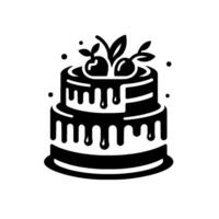 A stylized, twotiered black and white cake adorned with cherries and dripping icing, set against a plain white backdrop. vector