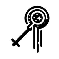 Stylized black and white illustration of a celestial, futuristic key with starry inner circle, dripping lines, and a cross. vector