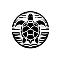 Geometric, minimalist black turtle emblem framed in a circular , atop stylized waves, set against a clean white backdrop elegant, symmetrical, decorative artwork. vector