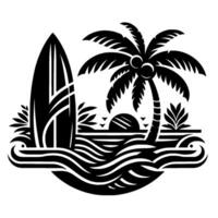 Silhouette of a surfboard, palm tree, waves, and sunset, creating a tropical, beachthemed in black and white. vector