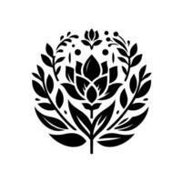Intricate Black Floral within a Circle, Featuring Central Lotus and Surrounding Foliage, on White. vector