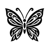 Symmetrical Black and White Butterfly Silhouette with Intricate Ornamental Wing Patterns, Set on a Plain White Background. vector
