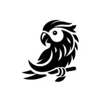 A stylized black and white parrot perching on a branch, showcasing a minimalist with curved lines, and a bold, aesthetic. vector